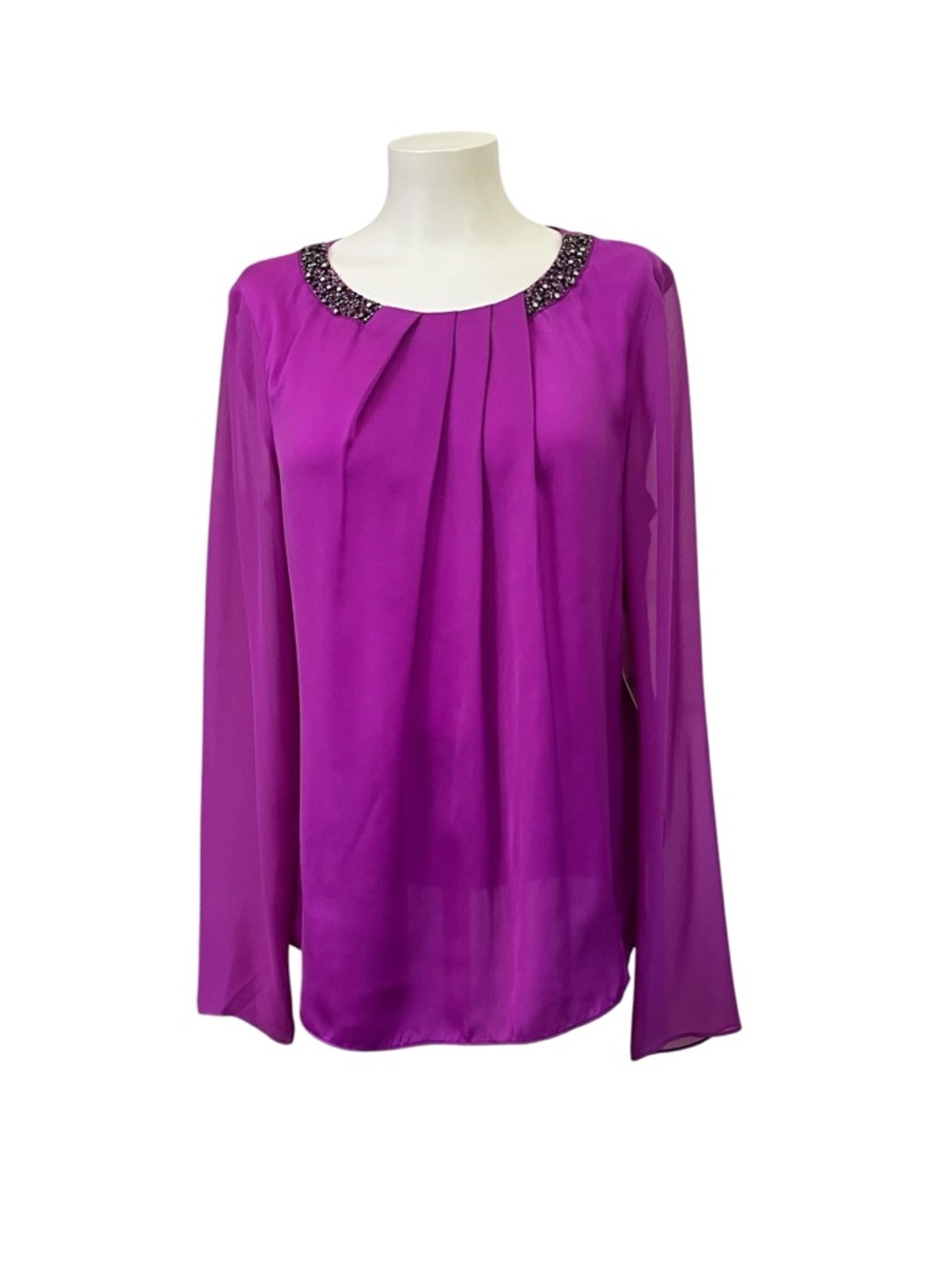 DKNYC Beaded Neck Pleated Blouse Sheer Sleeve Purple Top NWT Size M